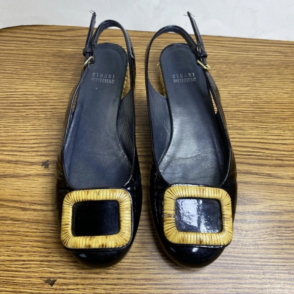 Stuart Weitzman Women's 7W Black Patent Leather Pumps Medallion Slingback Shoes